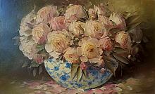 Peonies In A Blue Vase - oil, canvas