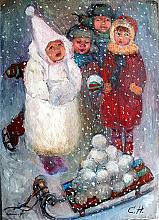 Kids And Snowballs - oil, canvas