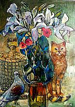 Lilies, Cat And Pigeon - oil, canvas
