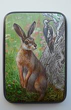 Hare With A Woodpecker - box, Fedoskino lacquer painting technique