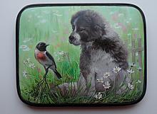 Puppy And A Bird - box, Fedoskino lacquer painting technique