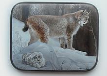 Lynx With An Owl - box, Fedoskino lacquer painting technique