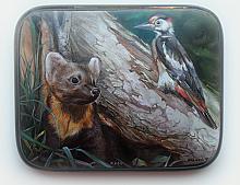 Marten With A Woodpecker - box, Fedoskino lacquer painting technique