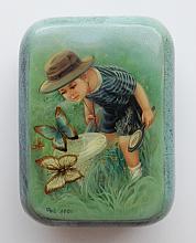 Boy With Butterflies - box, Fedoskino lacquer painting technique