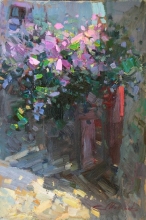 In The Shade Of Bougainvillea - oil, carboard