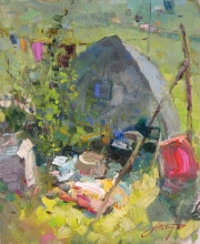Sketch With A Tent - oil, canvas on hardboard
