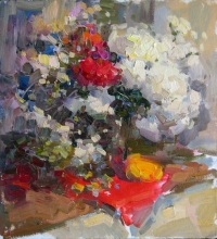 Evening Still Life With White Chrysanthemums - oil, canvas on hardboard