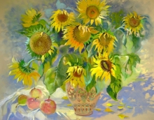 Sun In Sunflowers - watercolor, gouache