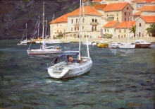 Montenegro. Boats At The Peer Of The City Of Perast - oil, canvas