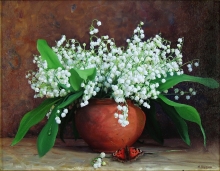 Lily-of-the-valley In A Clay Pot And A Butterfly - oil, canvas
