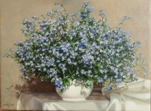 Forget-me-nots In a White Vase - oil, canvas