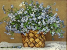 Forget-me-nots On A Lace Tavlecloth - oil, canvas