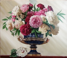 Peonies In A Blue Vase - oil, canvas
