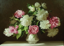 Pink And White Peonies In A Dark Background - oil, canvas
