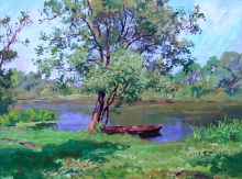 Summer. Red Boat At The River - gouache, tempera, mixed technique