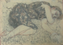 Fallen Asleep - linen canvas, pastel