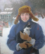 Yulya With A Cat - oil, canvas