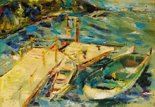 Boat At The Sea - oil, canvas on the cardboard
