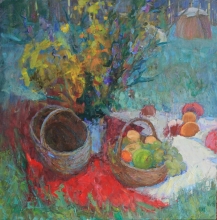Still Life At The Hedge - oil, canvas on cardboard