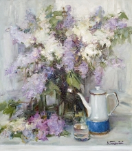 Still Life With Lilac, Coffee Maker and A Glass Of Water - oil, canvas