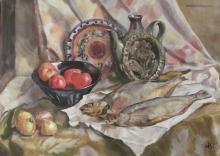 Still Life With A Smoked Fish - watercolors, paper