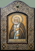 Saint Seraphim Of Sarov The Wonder Maker - pine, cut out birch, oil, serpentine marble, amber 