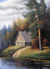 House On The Bank - oil, canvas