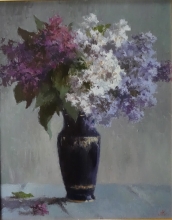 Lilac In A Blue Vase - oil, canvas, dammar gum