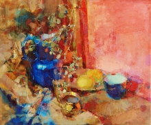 Still Life With Red Background - oil, canvas