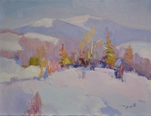 Snow In The Mountains - oil, canvas, rough canvas
