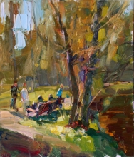 At The Bench - oil, cardboard