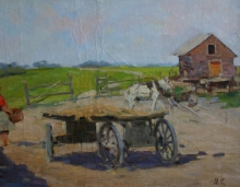 Landscape With A Dray Cart - oil, canvas on fireboard