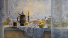 Still Life At The Winter Window With A Candle - oil, canvas