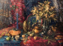 Still Life With Mimosa And Oriental Objects - oil, acrylic, canvas