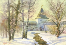 First Day Of Spring In Goretsky Monastery - watercolors, paper