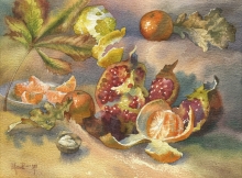 Pomegranate And Citruses - watercolors, paper