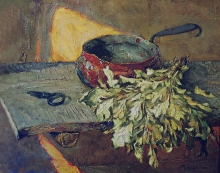 Still Life With An Oak Broom - oil, cnvas