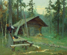 Hunters Log House - oil, canvas