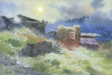 Moon Night In Chadakolob, Dagestan - watercolors, paper