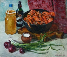 Still Life With Onion And Crawfish - oil, canvas