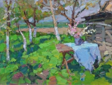 In The Garden In Spring - oil, cardboard