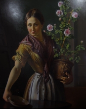 A Girl With A Pot Of Roses - oil, canvas