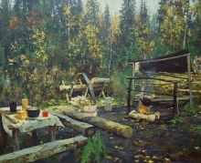 In The Woods At The Bonfire - oil, canvas