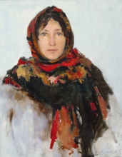 Portrait Of Irina In A Variagated Headscarf - oil, canvas
