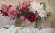 Still Life With White And Red Peonies - oil, canvas