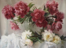Still Life With Red And White Peonies - oil, canvas