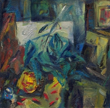 Interior With A Box Of Chili Peppers - oil, canvas on cardboard