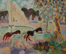 Pony At The Fountain - oil, canvas