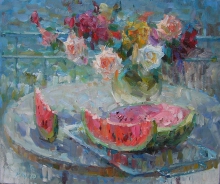 Watermelon And Roses - oil, canvas