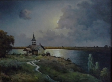 Night. Lone Church - oil, canvas